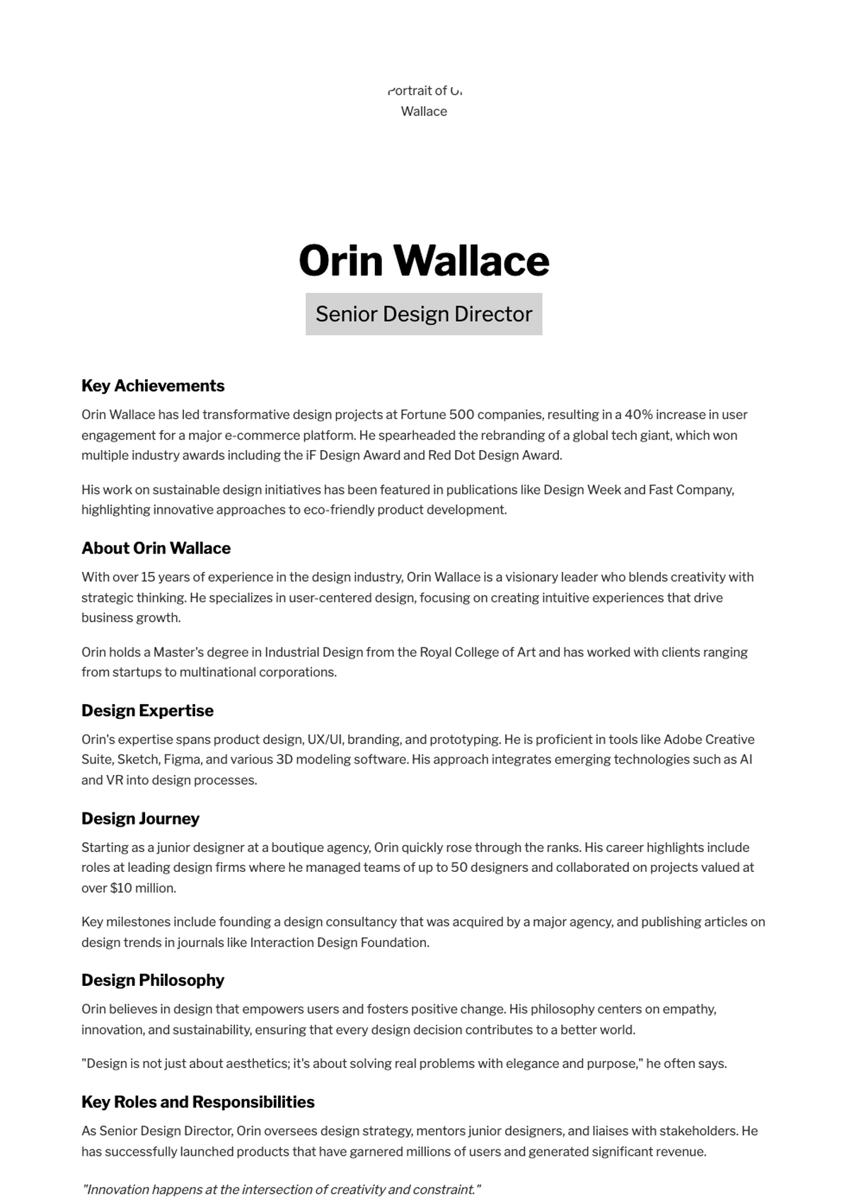 Professional bio document with black and white portrait and dual column layout_variant_3